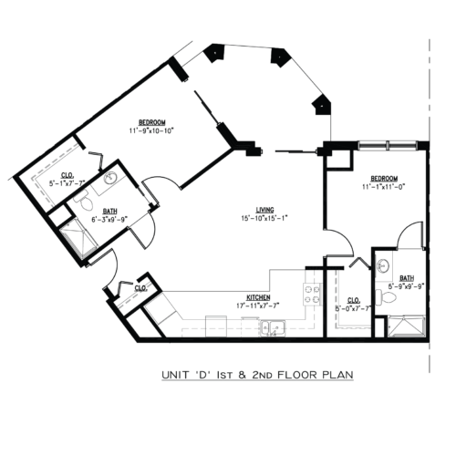 Floor plan of unit 'D', 1st & 2nd floor. Layout includes bedrooms, living room, kitchen, and bathrooms.