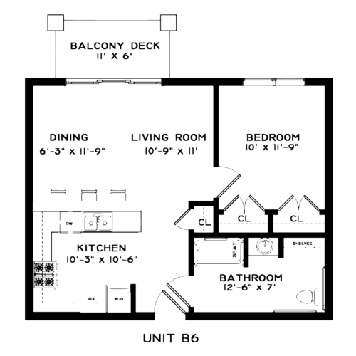 Floor plan of a unit with a balcony, dining area, kitchen, living room, bedroom, and bathroom.