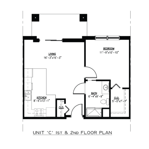 Floor plan of a unit with a living room, kitchen, bedroom, and bathroom.