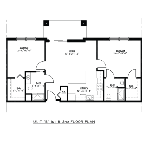 Floor plan of a two-bedroom apartment, labeled