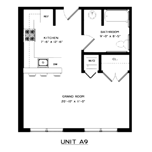 Floor plan of apartment unit A9, including a kitchen, bathroom, and grand room.