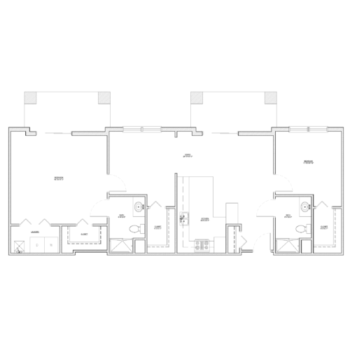 Floor plan of a two-unit apartment building with kitchens, bathrooms, and balconies.