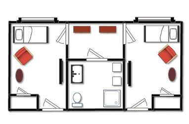 Floor plan of a shared apartment unit: two bedrooms, shared bathroom, and small common area. Furnished with beds and seating.