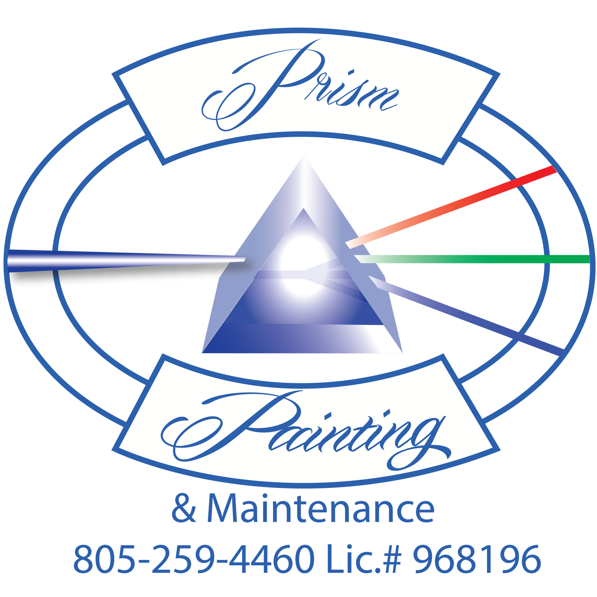 Logo for Prism Painting & Maintenance, featuring a prism refracting light into colors, with phone and license numbers below.