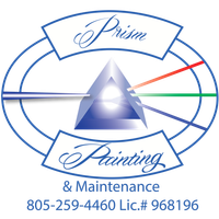Logo for Prism Painting & Maintenance, featuring a prism refracting light into colors, with phone and license numbers below.