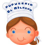 Cartoon child wearing a white chef hat labeled “PUPUSERIA EL MILAGRO” and smiling