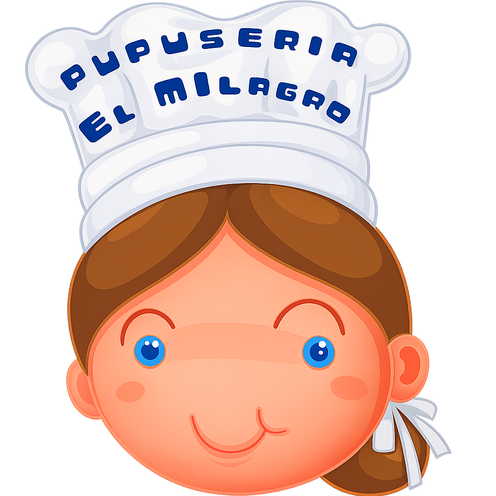 Cartoon child wearing a white chef hat labeled “PUPUSERIA EL MILAGRO” and smiling
