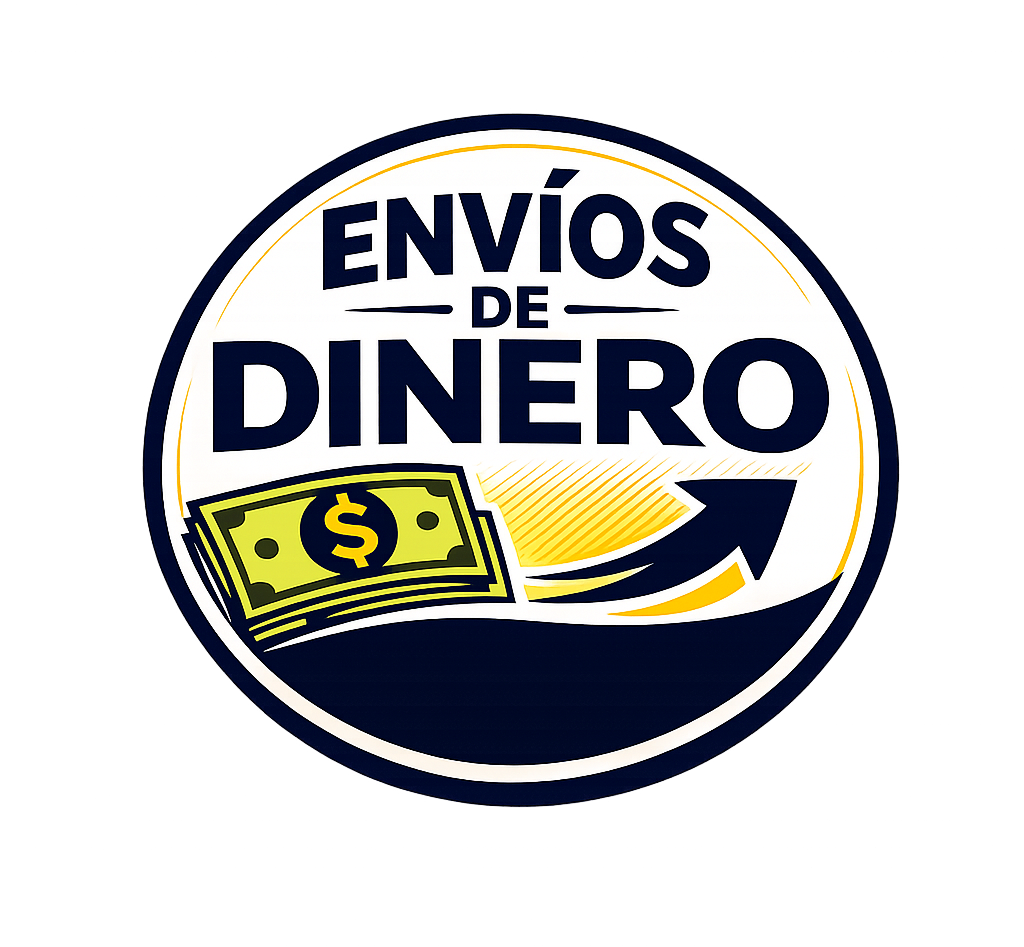 Logo circular de “Envíos de Dinero” con billetes verdes y flecha amarilla sobre fondo azul marino.