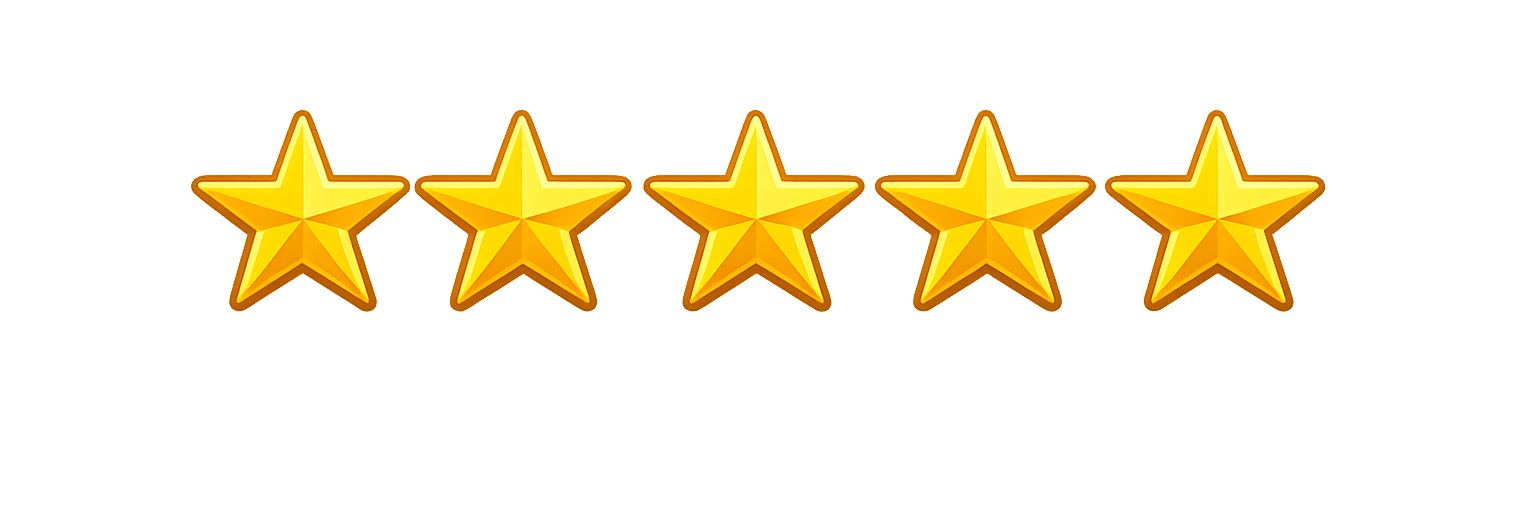 Five gold stars in a row on a white background