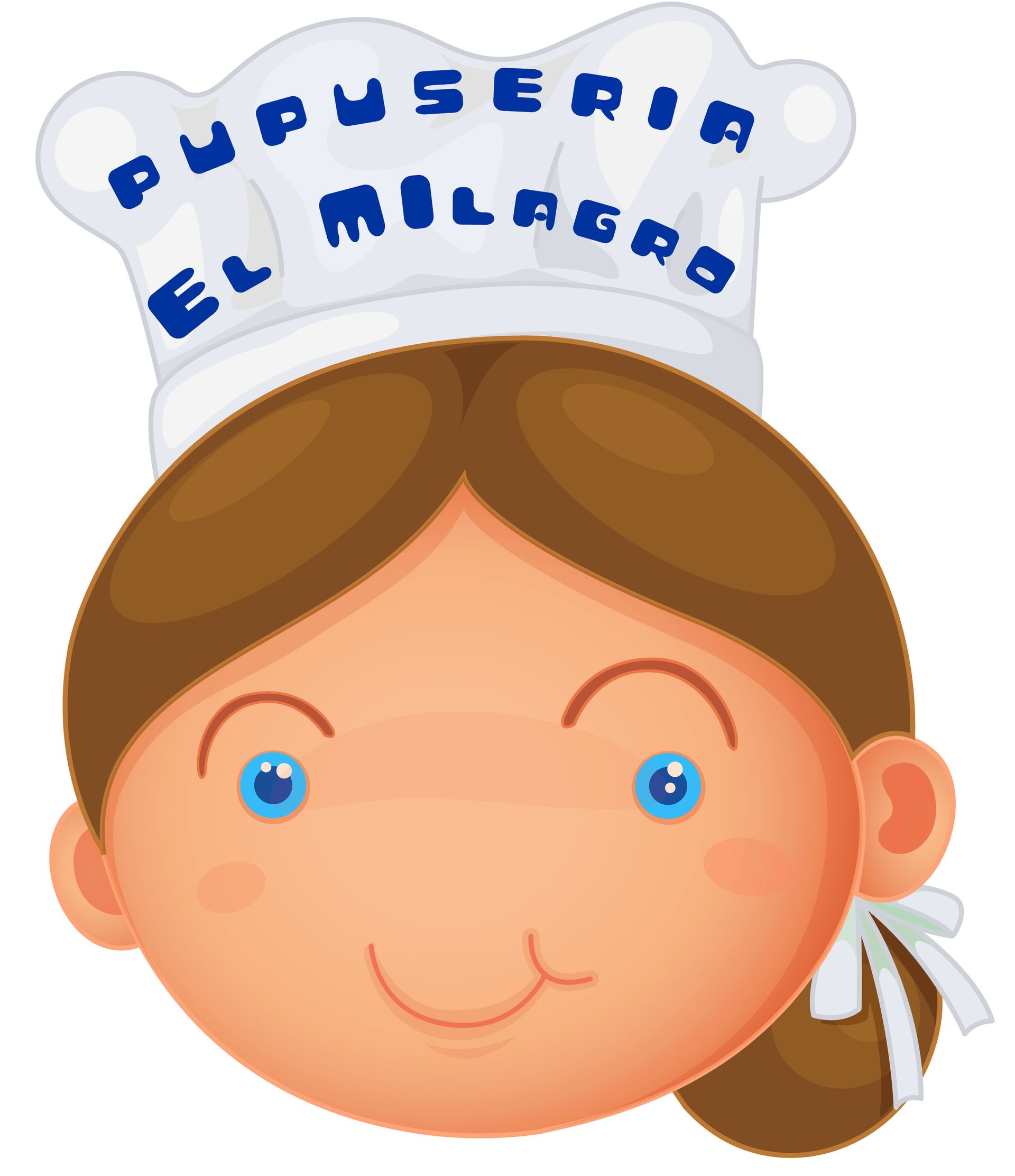 Cute cartoon child in a white cap with blue text and brown pigtails, smiling against a white background