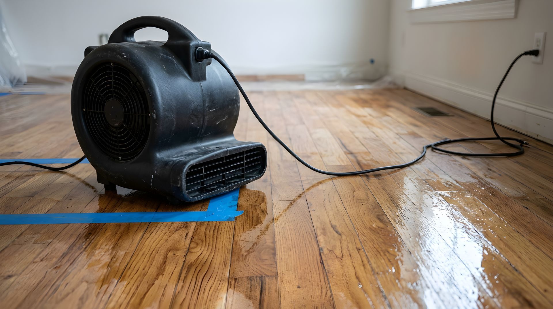 Industrial air mover fan drying wet hardwood floor after water damage in a residential room.