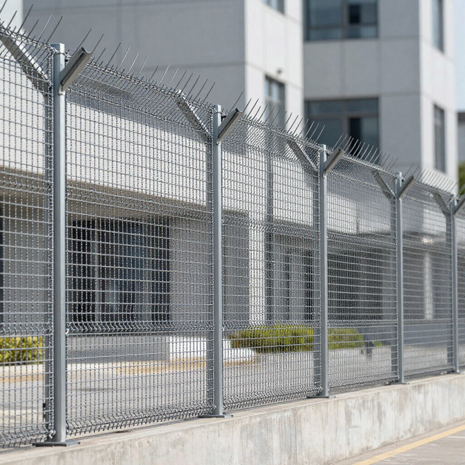 Tall metal security fence with barbed wire beside a modern building and sidewalk