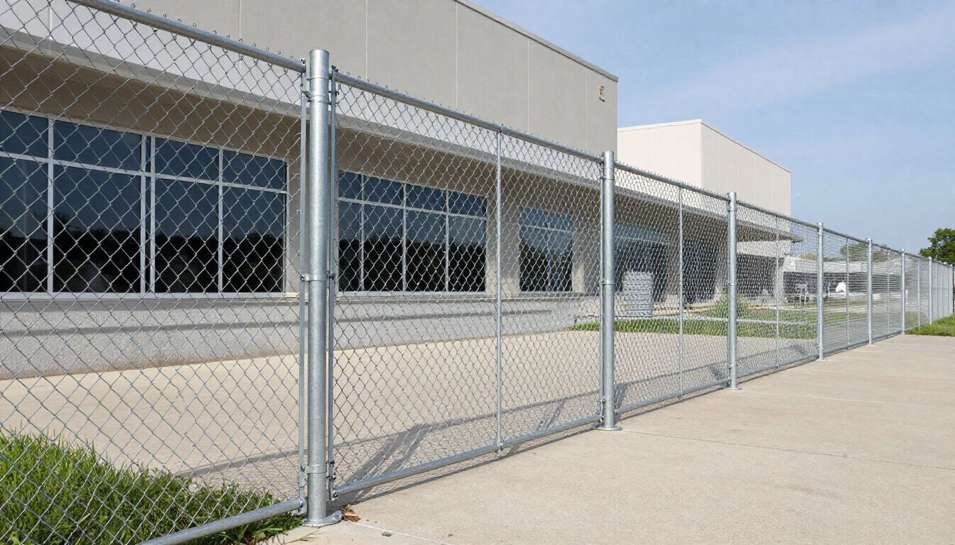 Chain-link fence along a sidewalk beside an industrial building under clear daylight.