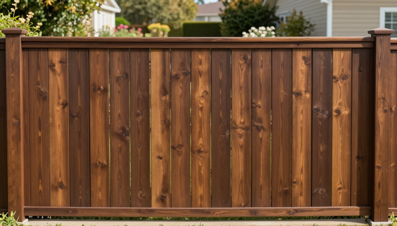 Brown wooden privacy fence with vertical planks and stone-capped posts in a suburban yard