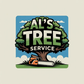 Al's Tree Service logo with tree and chainsaw on green grass against blue sky.