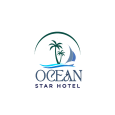 A logo for ocean star hotel with a sailboat and palm trees.