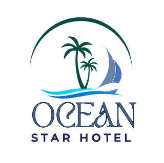 A logo for ocean star hotel with a sailboat and palm trees