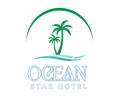 A logo for ocean star hotel with two palm trees