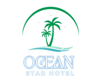A logo for ocean star hotel with two palm trees