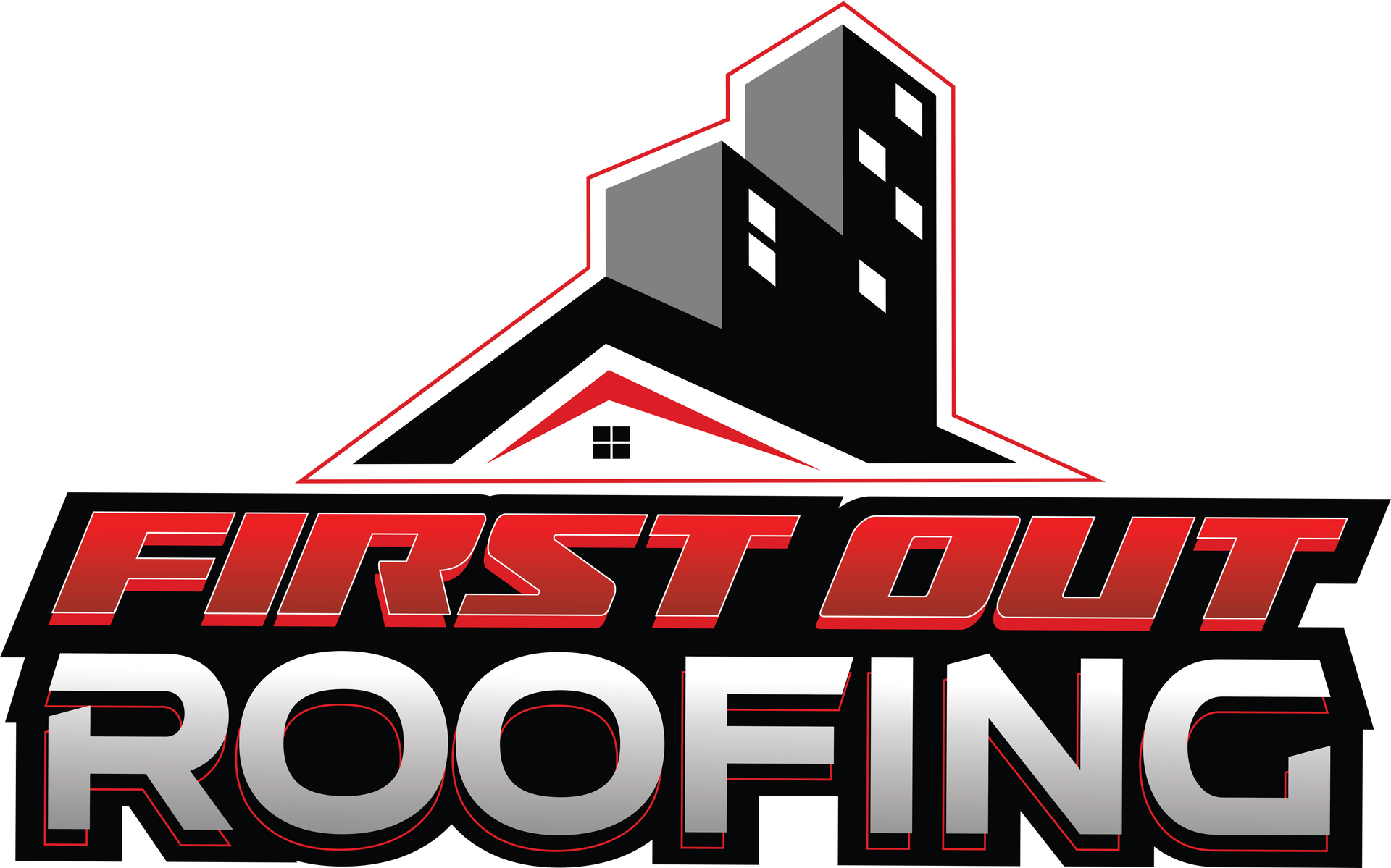 First Out Roofing logo with black-and-red roof and city skyline graphic