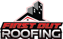 First Out Roofing logo with black-and-red roof and city skyline graphic