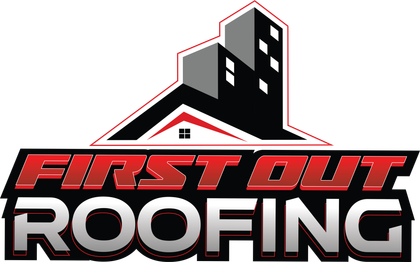 First Out Roofing logo with black-and-red roof and city skyline graphic