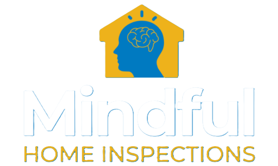 Logo for Mindful Home Inspections: A yellow house icon containing a blue human head silhouette with a brain symbol above it.