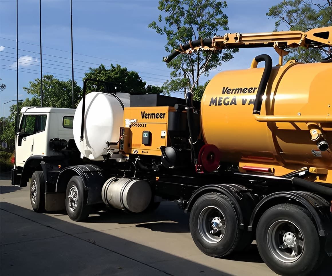 Yellow and White Vacuum Truck Parked on Concrete, Under a Blue Sky — SDA Plumbing in Alice Springs, NT