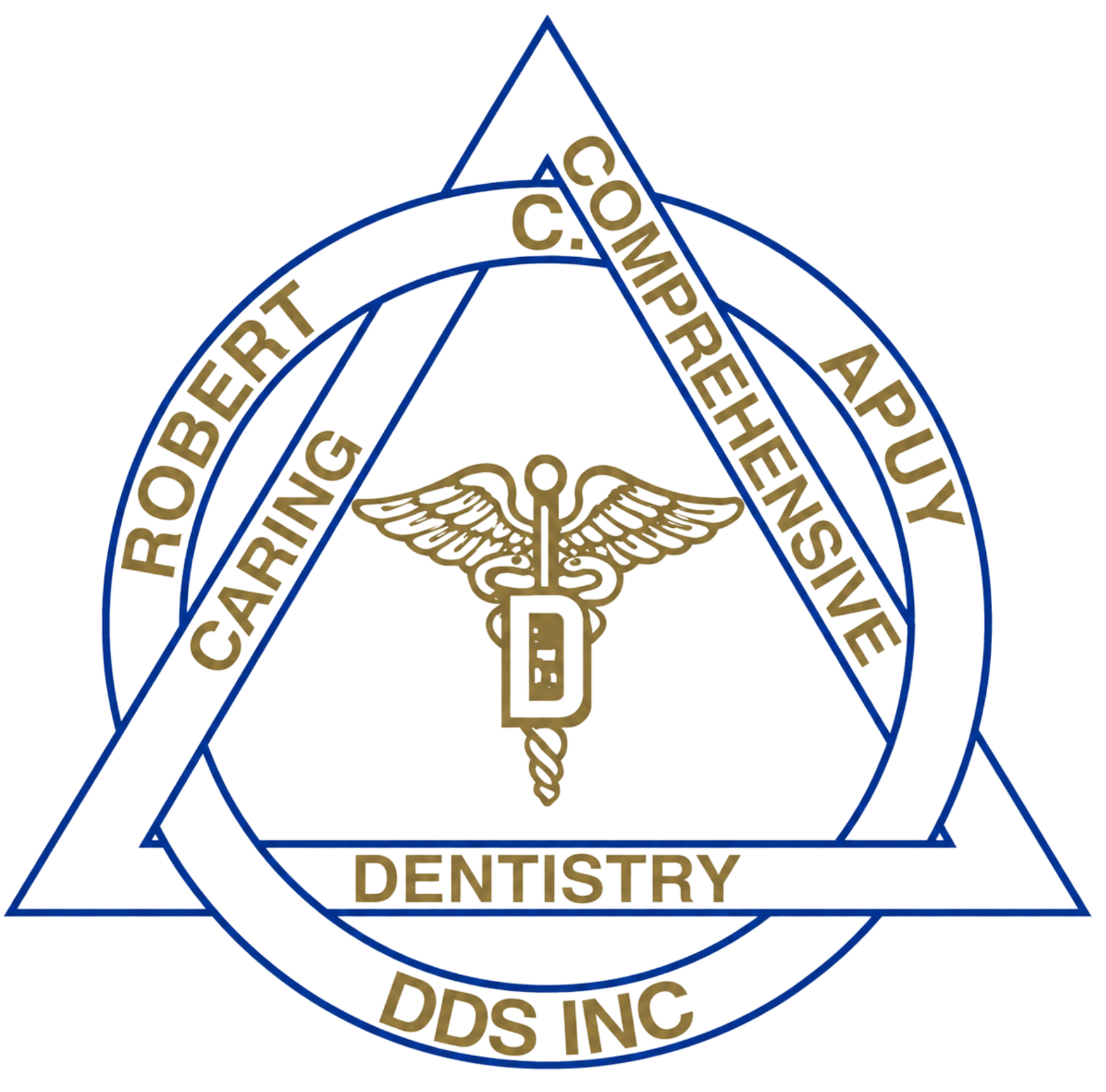 Blue dental clinic logo with triangle and ring, reading Robert Apuk Comprehensive Caring Dentistry DDS Inc.