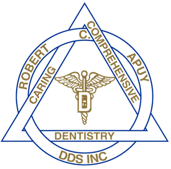 Blue dental clinic logo with triangle and ring, reading Robert Apuk Comprehensive Caring Dentistry DDS Inc.
