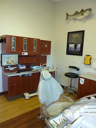 Dental office with chair, desk, cabinets, wall art, and fish mounted high on the wall