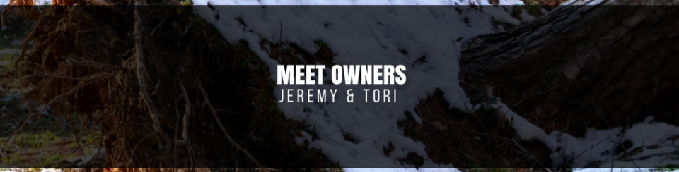 “Meet Owners” title over a dark outdoor background with trees and a rustic cabin at dusk