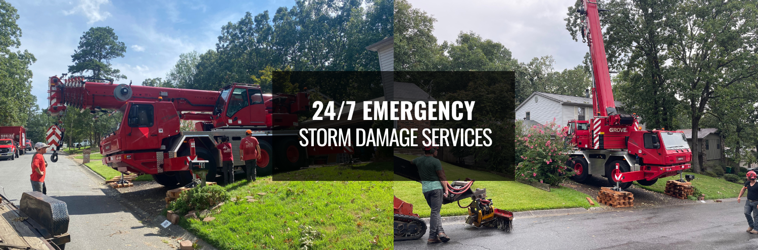Red emergency storm damage service trucks and equipment beside text banner advertising 24/7 emergency storm damage services