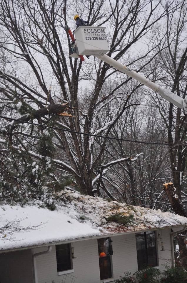 Bucket truck basket near a snowy rooftop, with a worker trimming tree branches in winter