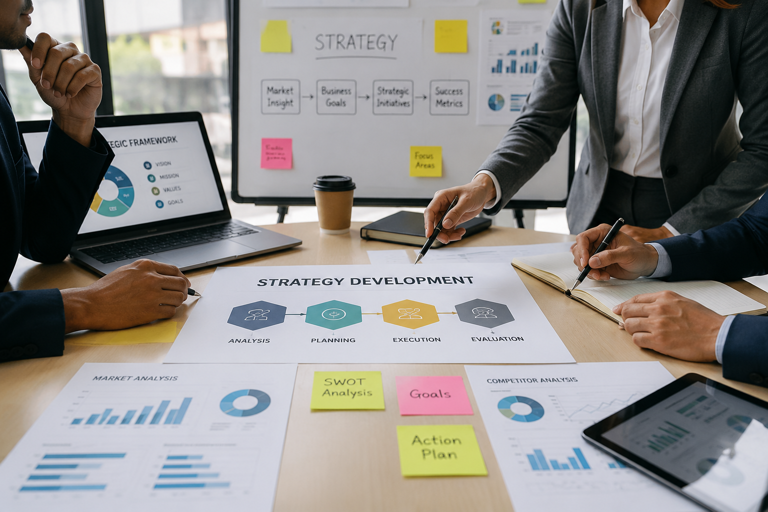 Team meeting around a table with charts, laptop, sticky notes, and a “strategy” planning board