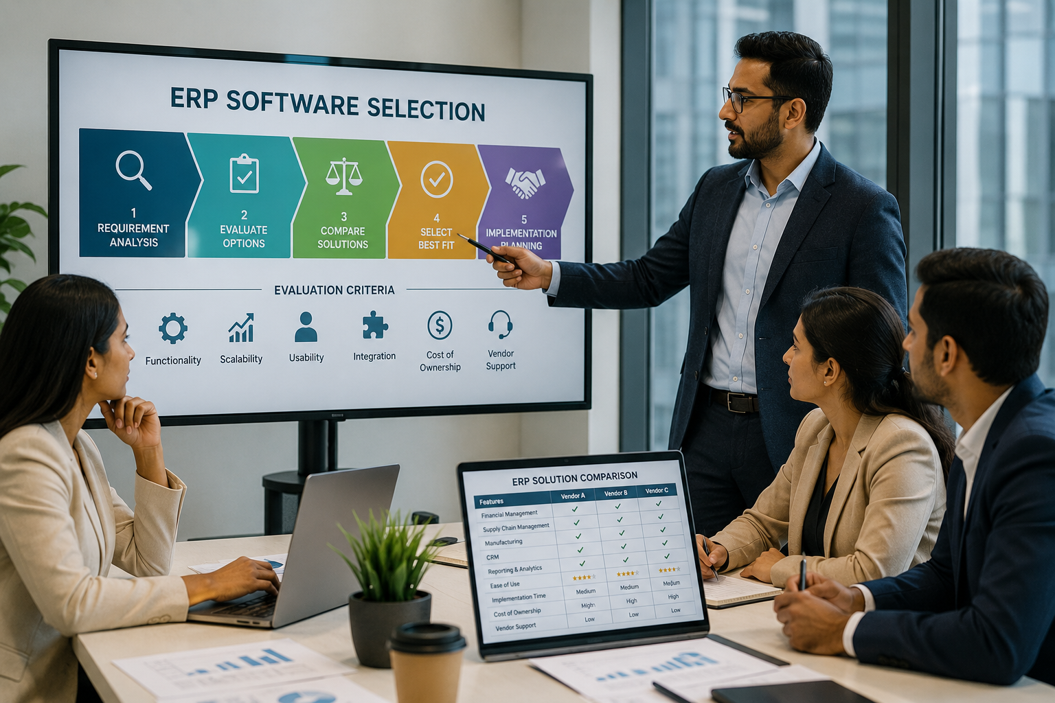 Business team in a meeting discussing ERP software selection on a presentation screen