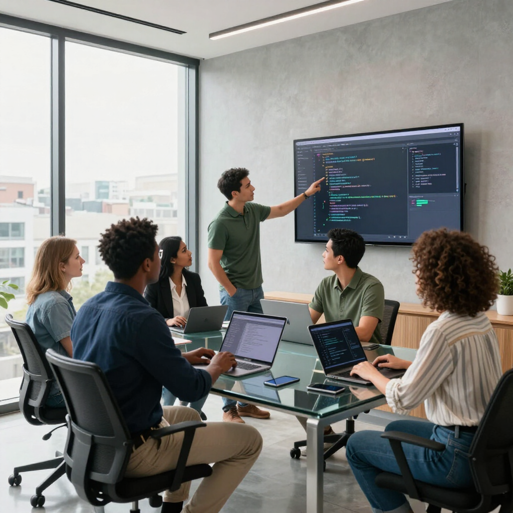 Team meeting in a bright conference room, presenter pointing at code on a wall-mounted screen.