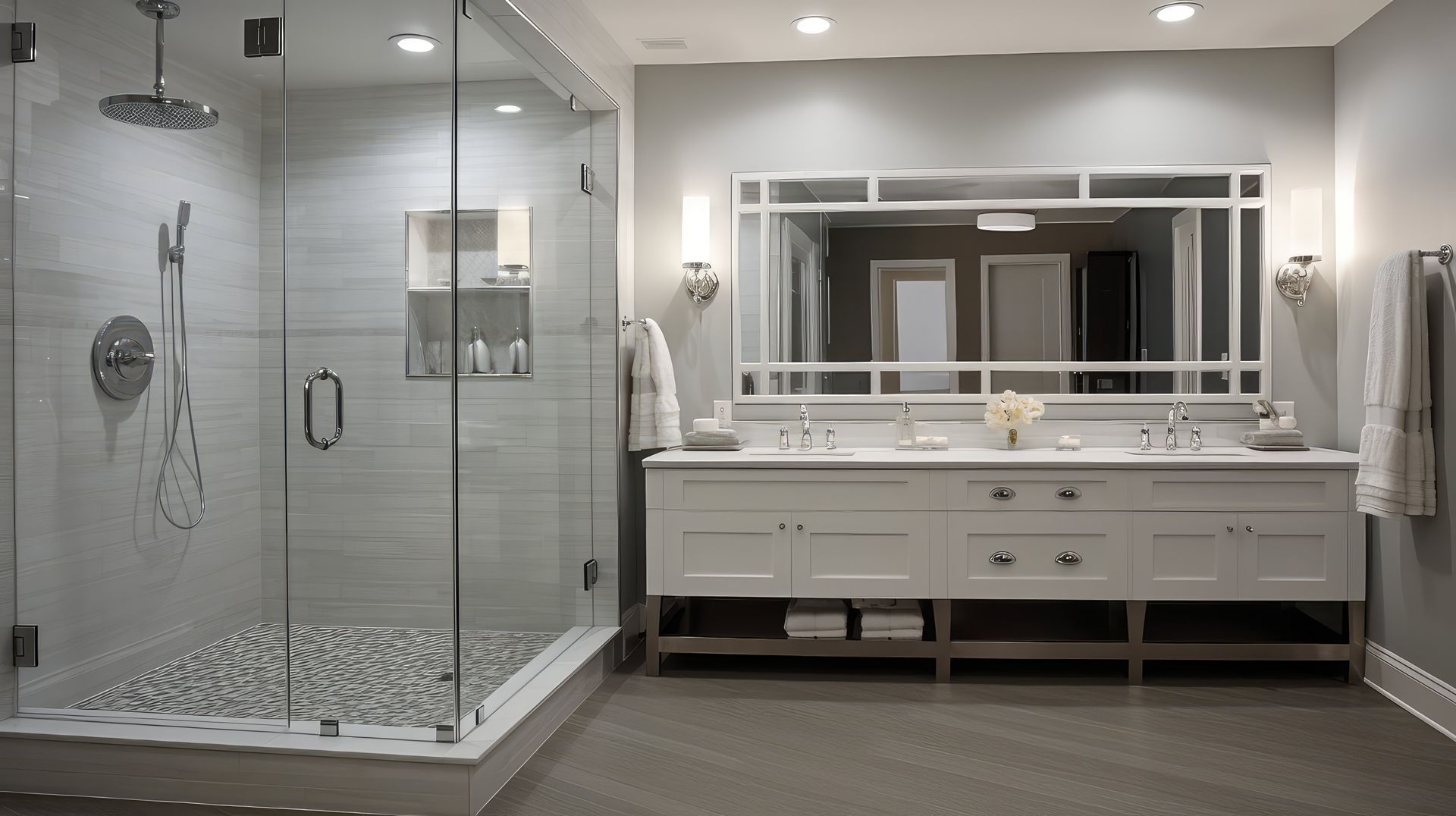 Modern walk-in glass enclosure with frameless shower doors next to a spacious white bath vanity. Modern walk-in glass enclosure with frameless shower doors next to a spacious white bath vanity.