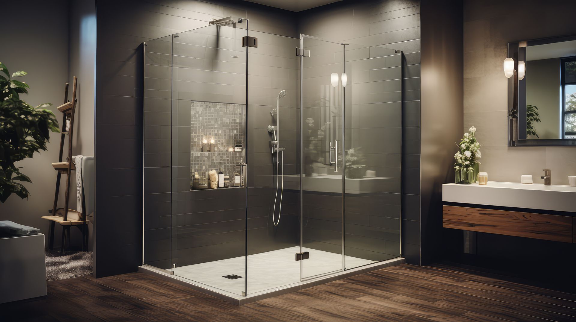 Modern luxury bathroom design featuring sleek frameless shower doors and a walk-in glass enclosure. Modern luxury bathroom design featuring sleek frameless shower doors and a walk-in glass enclosure.