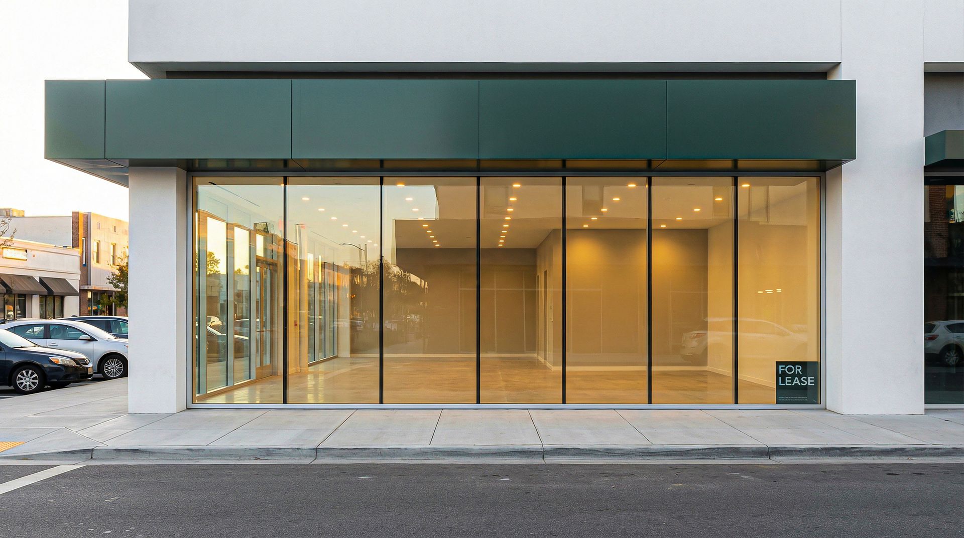 Empty storefront with large glass windows and for lease sign.