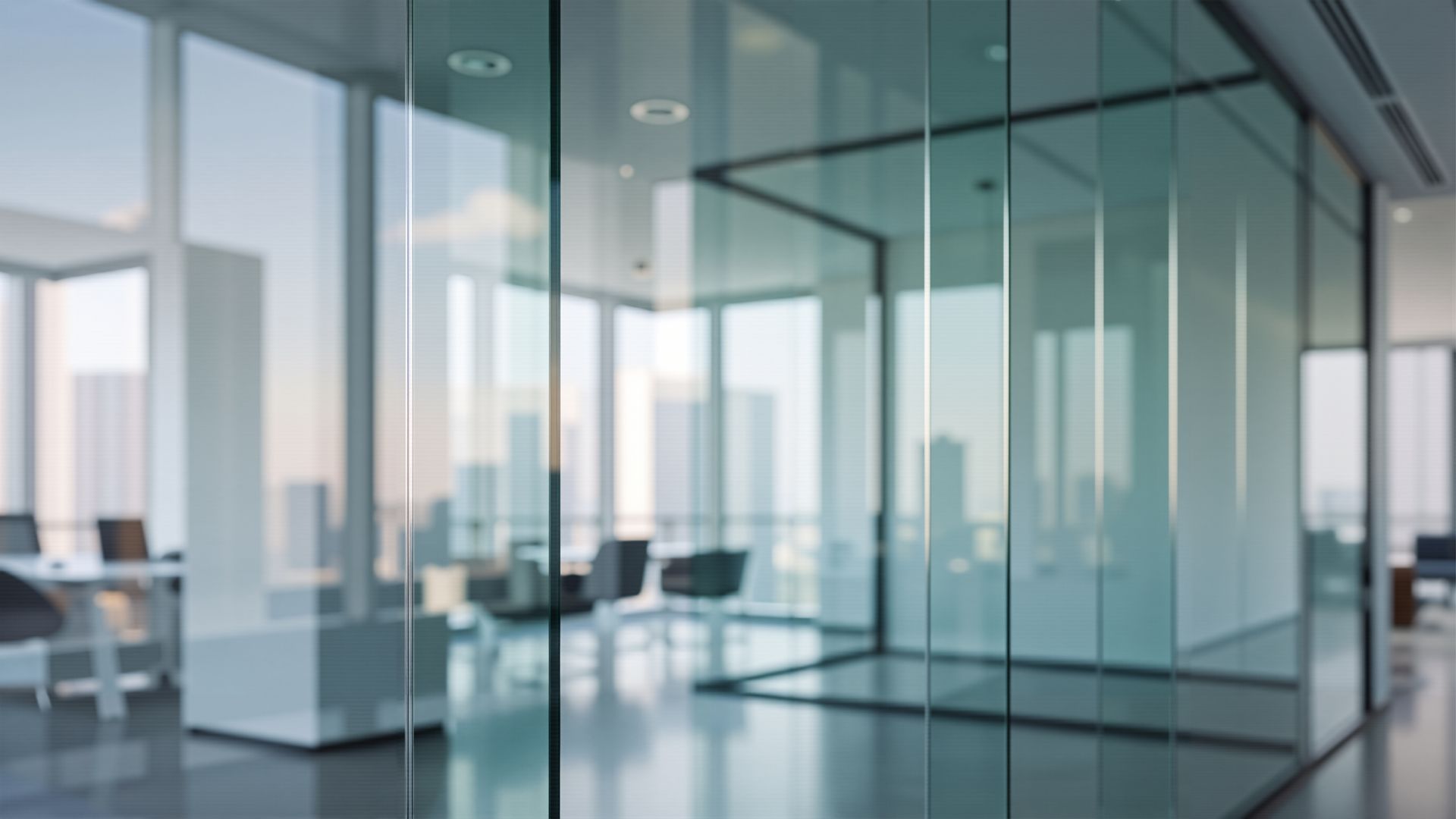 Modern corporate workspace with partitions installed by a professional commercial glass shop.