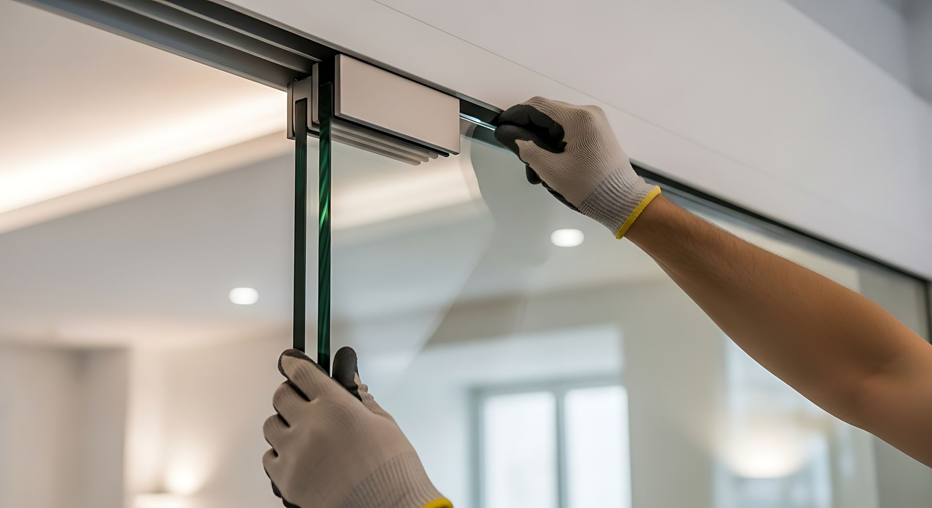 Professional glazier installing glass sliding door partition in modern office.