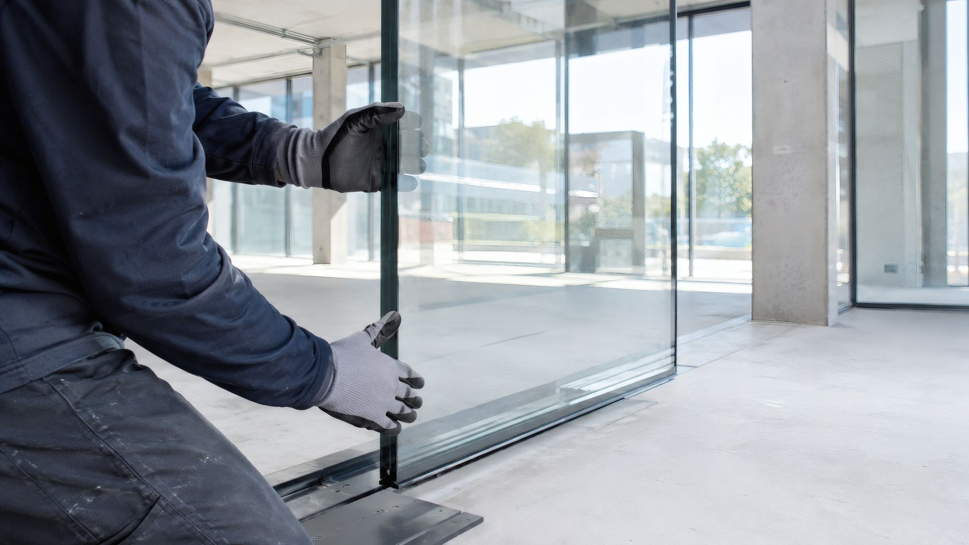 Construction worker installing glass partition wall in commercial office space.