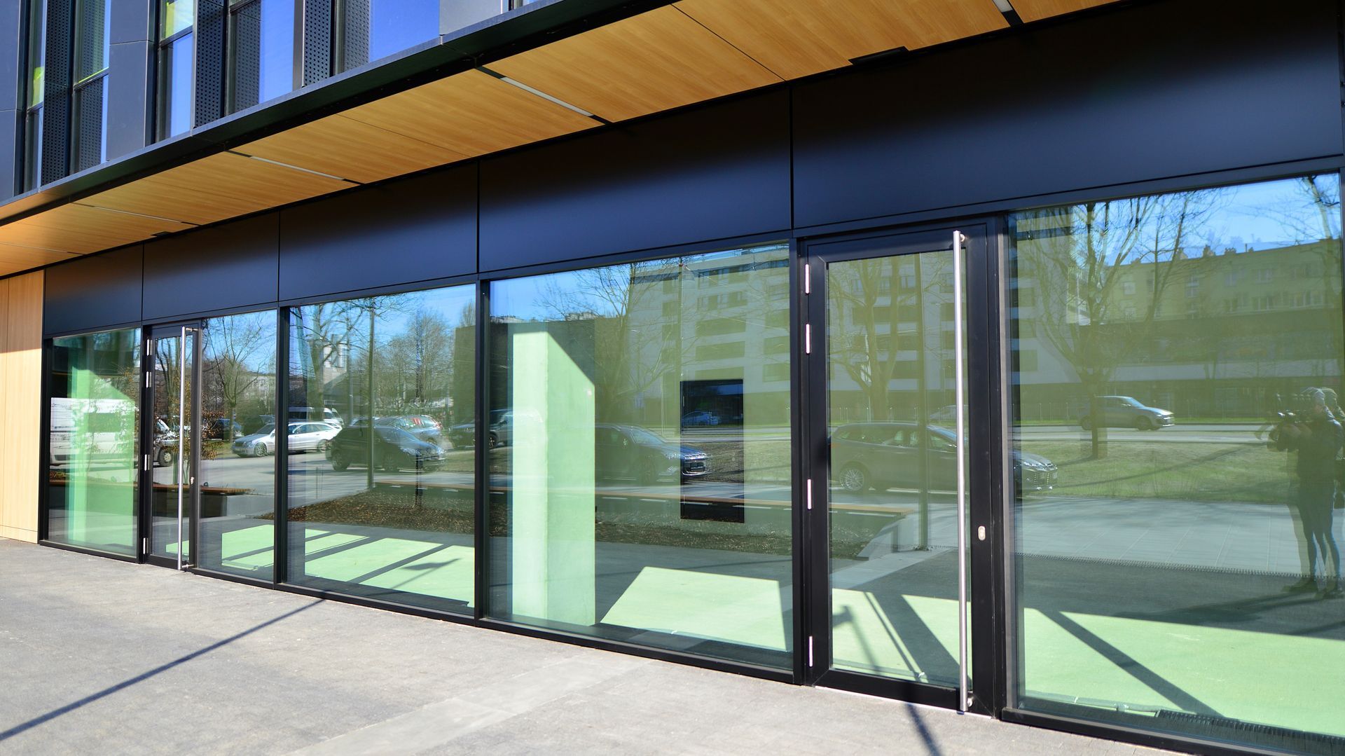 Glass window and entry for empty commercial building