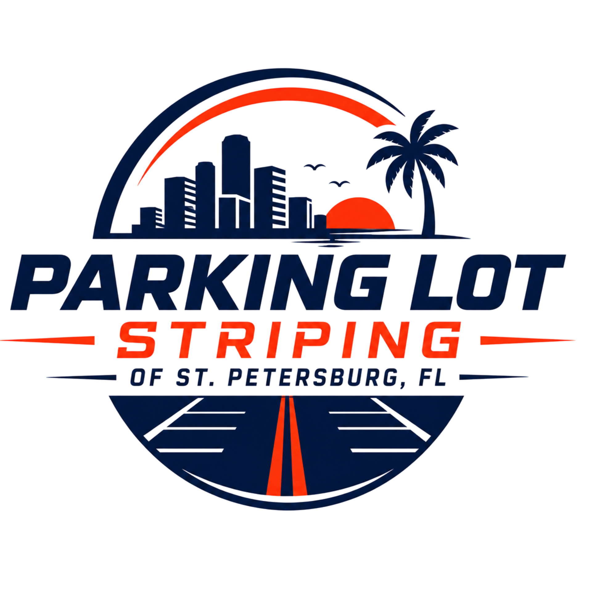 Parking Lot Striping of St. Petersburg FL logo with orange and blue colors for pavement marking services