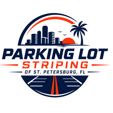 Parking Lot Striping of St. Petersburg FL logo with orange and blue colors for pavement marking services pavement