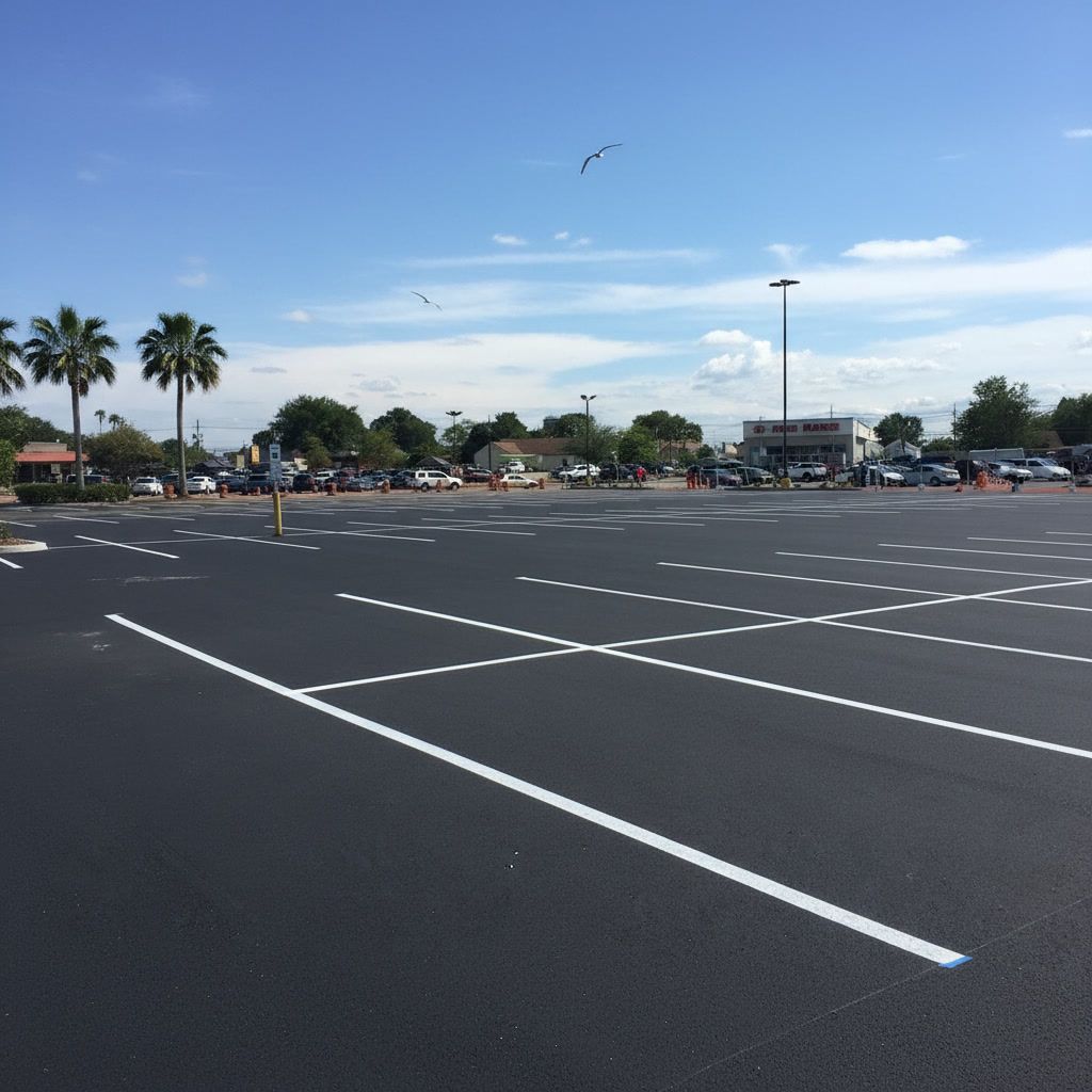 Fresh parking lot striping in St. Petersburg, FL with clean white lines and organized parking layout on smooth asphalt