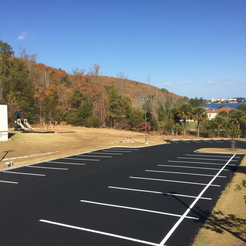 New parking lot striping layout in St. Petersburg, FL with crisp white markings and freshly paved asphalt surface