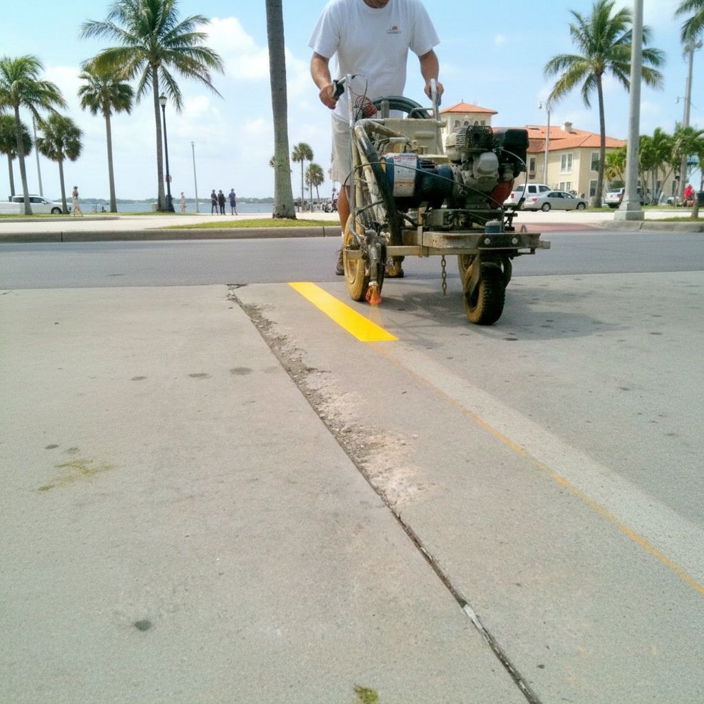 Parking lot striping machine applying yellow pavement line in St. Petersburg, FL for traffic guidance and visibility