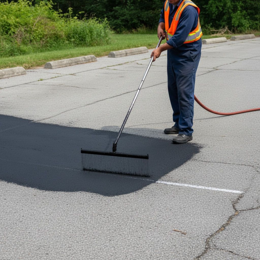 Sealcoating application in St. Petersburg, FL with brush equipment protecting asphalt from cracks and surface wear
